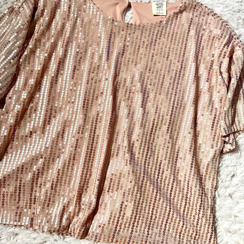 Flowy Sequin Rose Gold Glam Whimsical Dopamine Fairy Boxy Oversized Tee Womens L - Picture 2 of 7